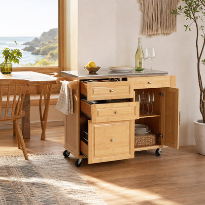 Indoor Bamboo Rolling Kitchen Island with Stainless Steel Top – Mobile Cart with Drawers, Cabinet & Towel Rack for Dining & Bar image 3