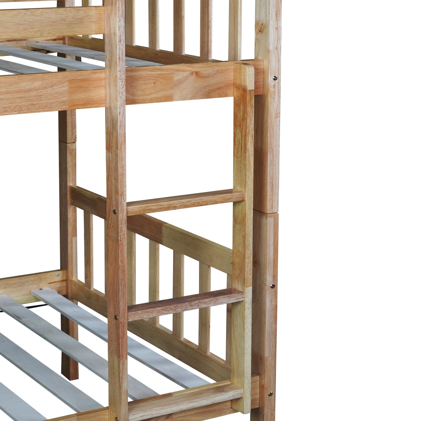 Twin Over Twin Rubber Wood Bunk Bed with Trundle, Convertible into 2 Twin Size Beds, Twin Size Bunk Bed with Ladder and Safety Guardrails,White Oak image 4