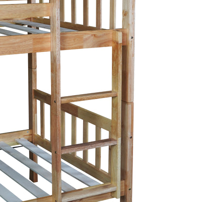 Twin Over Twin Rubber Wood Bunk Bed with Trundle, Convertible into 2 Twin Size Beds, Twin Size Bunk Bed with Ladder and Safety Guardrails,White Oak image 4