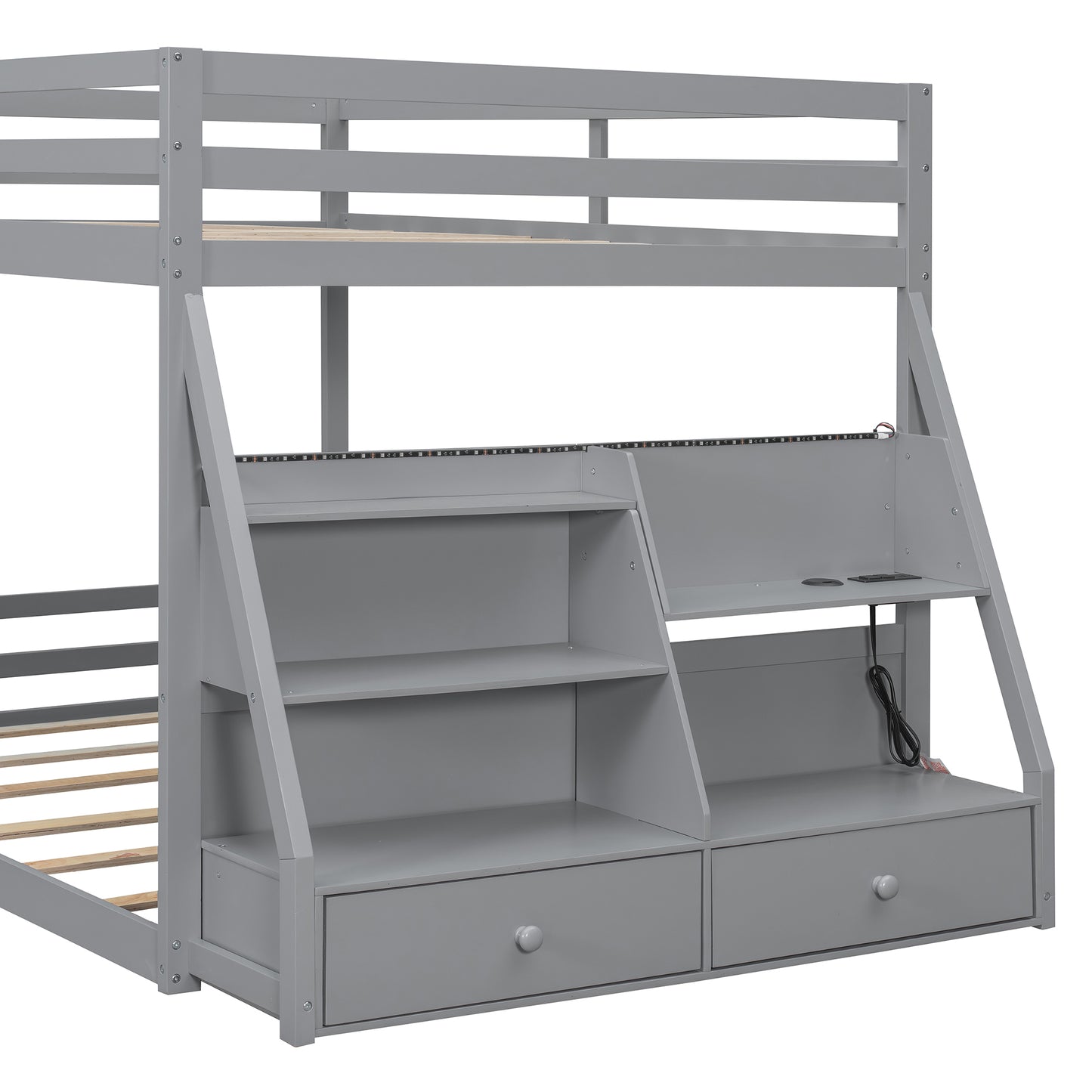 Full Bunk Bed with APP-Controlled LED Lights (7 Colors), USB Ports, Storage Shelves and 2 Drawers,Gray image 8