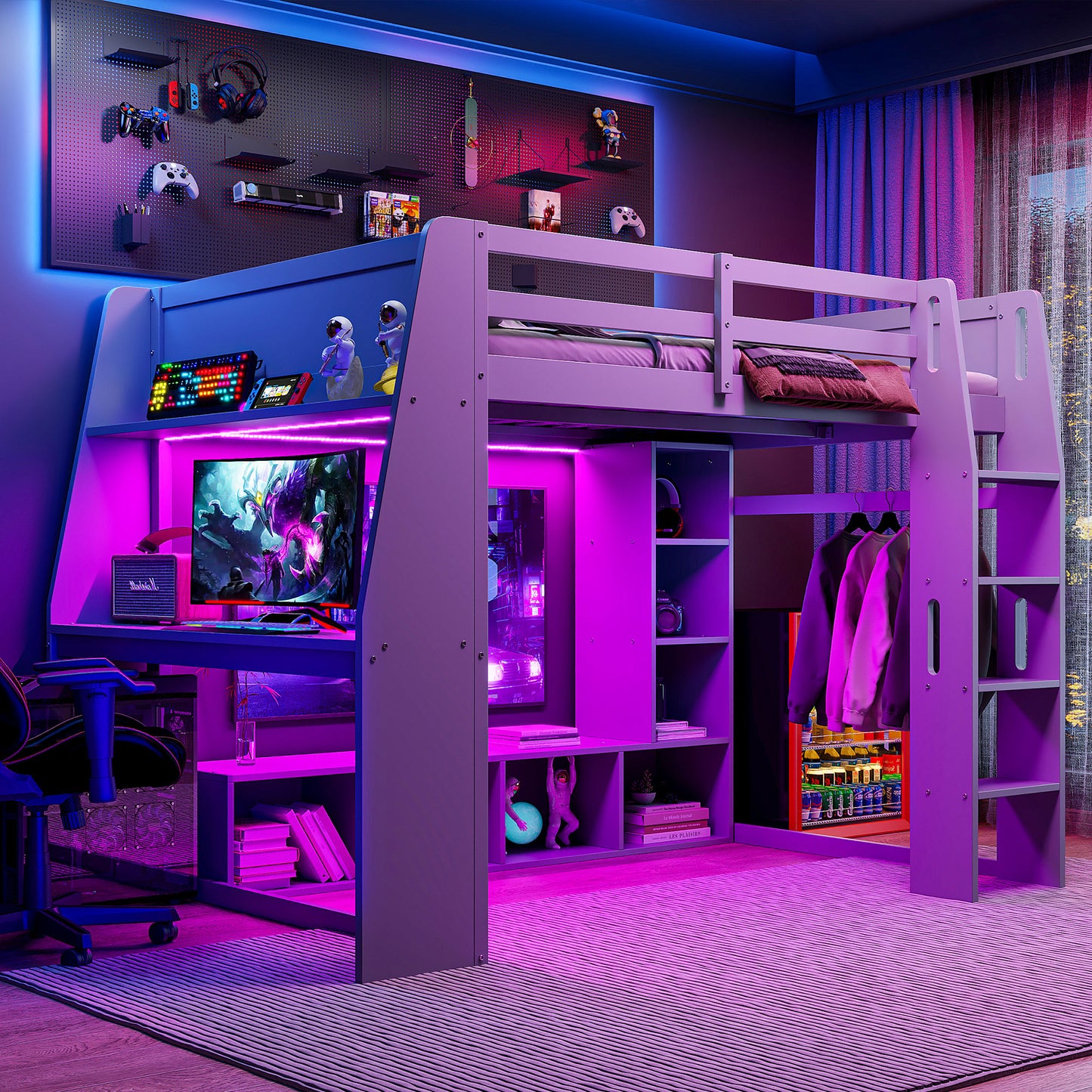 Wood Full Size Gaming Loft Bed with Desk, Multi-storage Shelves, LED and a Hanging Clothes Rack, Gray(Old SKU:N7090001042E) image 1