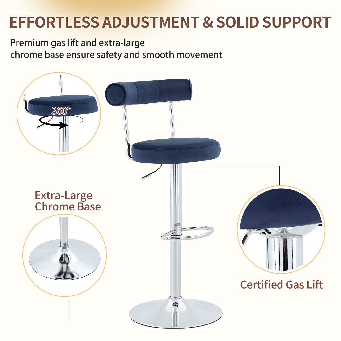 Soft Velvet Upholstered Swivel Adjustable Bar Chair with Chrome Silver Legs - Dining Room Living Room Bar Cafe Reception Desk Bar Stool(Dark Blue, Set of 2) image 5