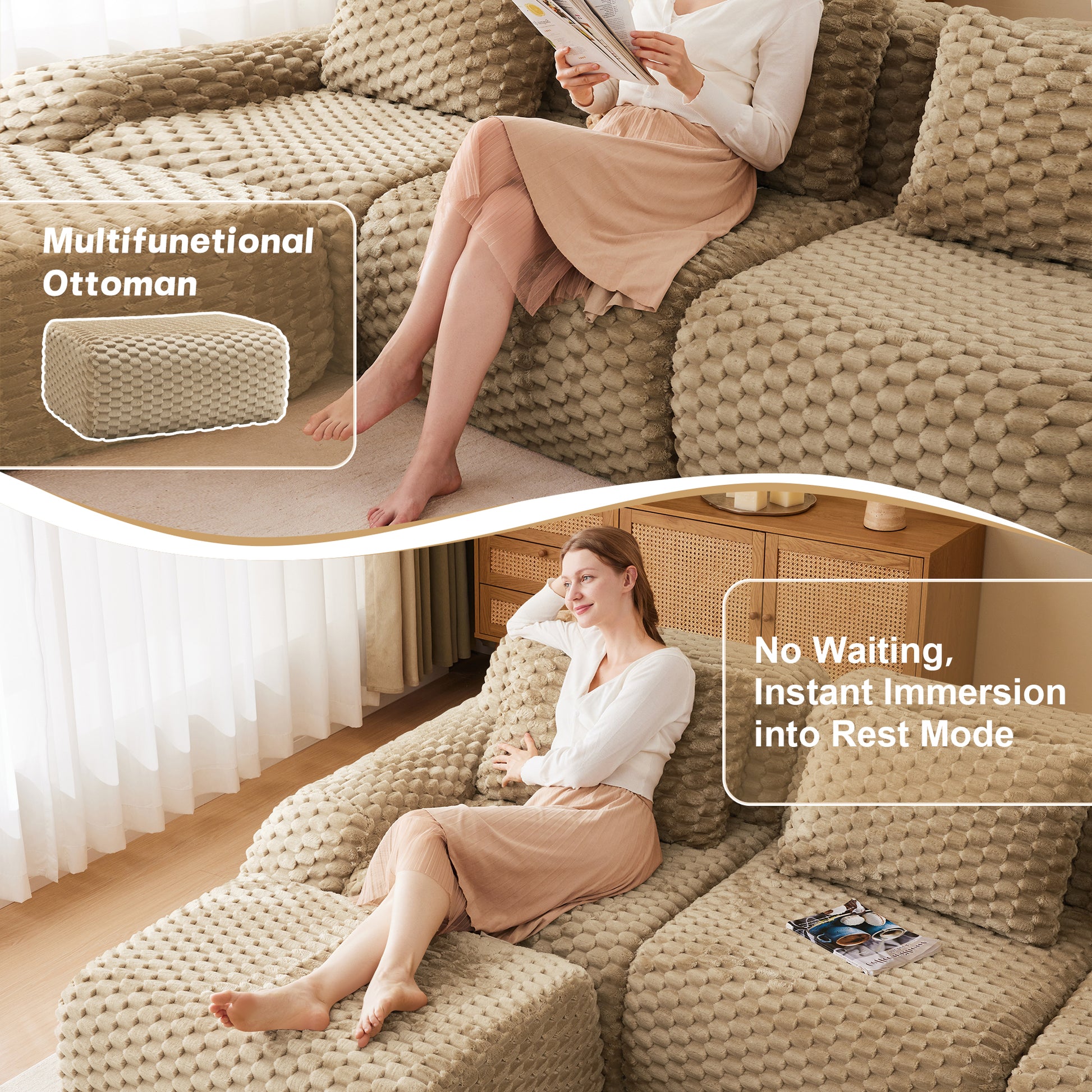 114" Modern L-Shaped Modular Sectional Sofa for Living Room,Flannelette Fabric,Oversized 3-Seater Couch,boneless sofa,Movable Ottoman,Buckle connection,Anti-slip Design,No Assembly,Light Camel image 7