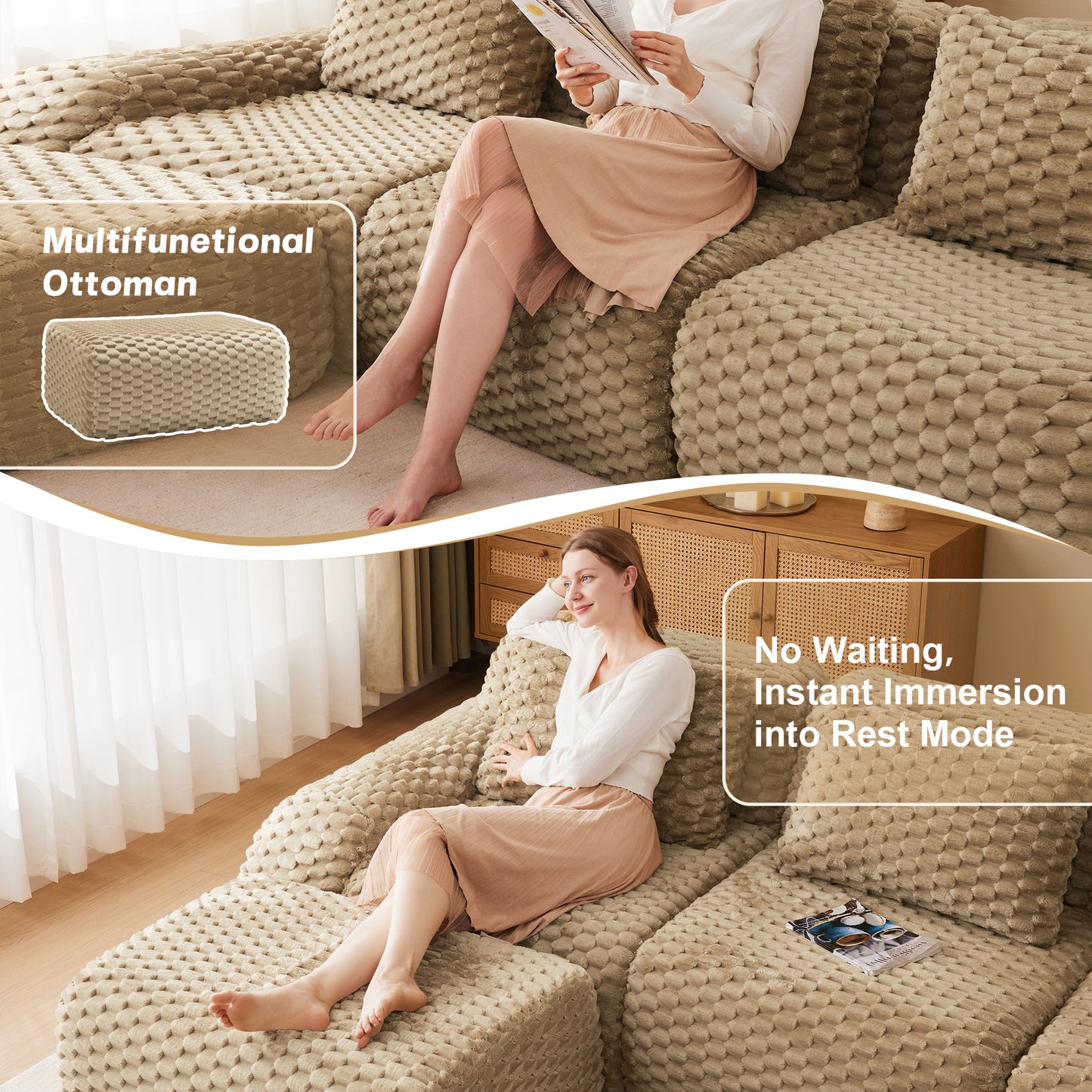 82" Modern L-Shaped Modular Sectional Sofa for Living Room,Flannelette Fabric,Oversized 2-Seater Couch,boneless sofa,Movable Ottoman,Buckle connection,Anti-slip Design,No Assembly,Light Camel image 6