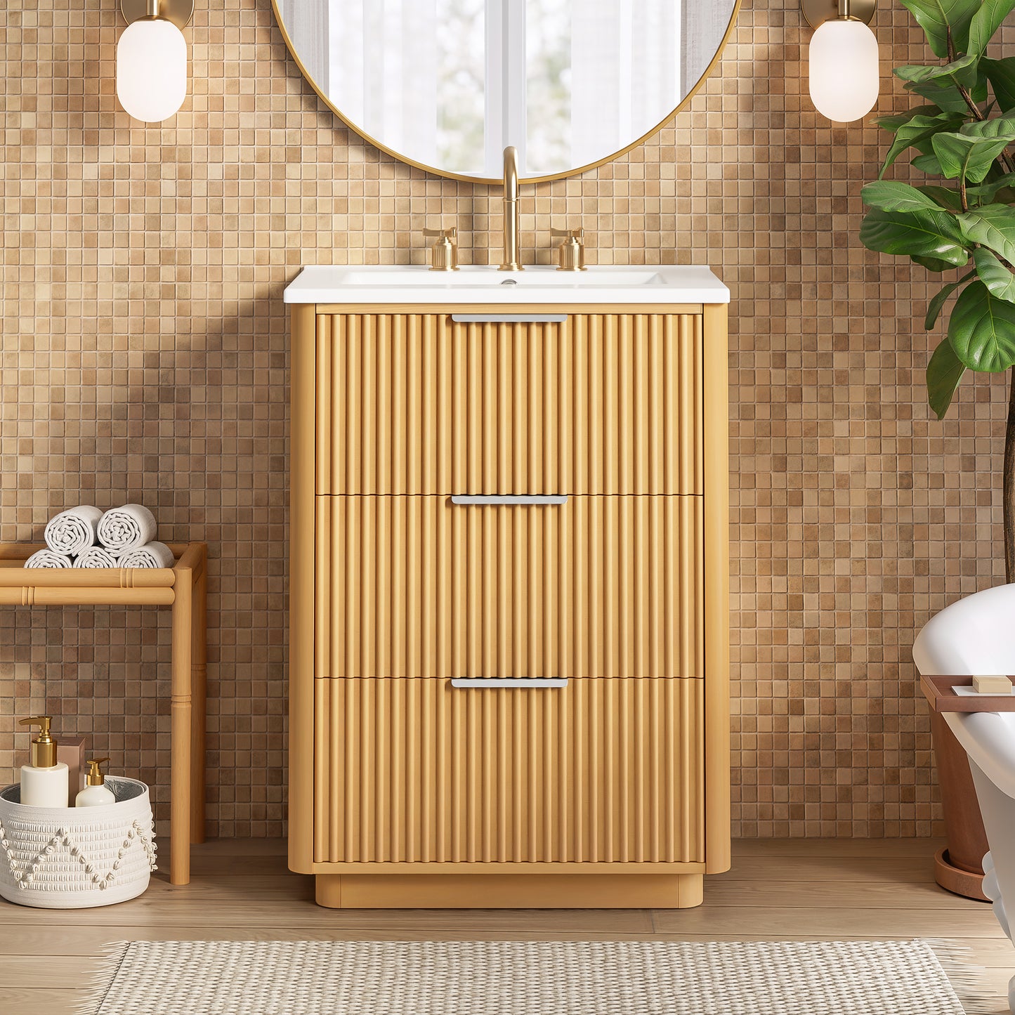 24 inch Modern Luxury Bathroom Vanity with Ceramic Sink, Bathroom Cabinet with Open Shelf and Closed Storage image 1