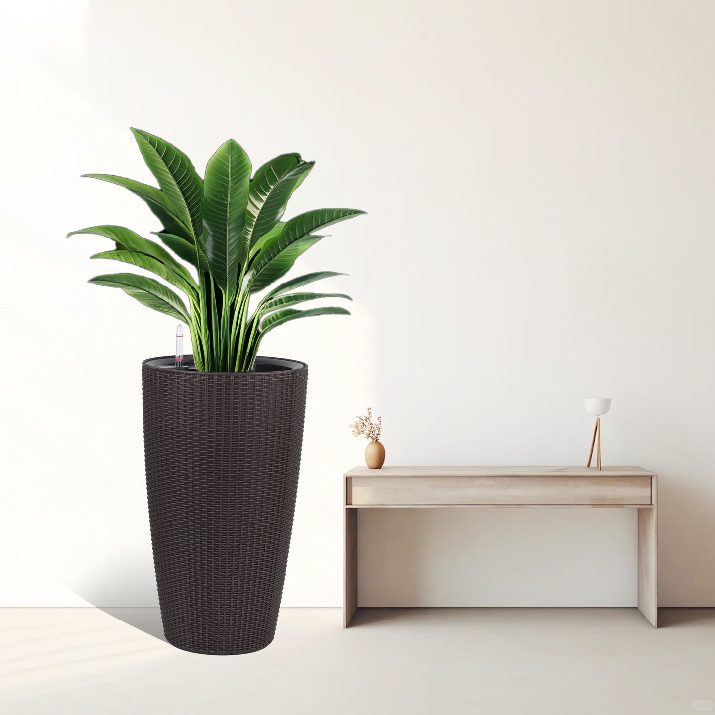 Set of 2 Faux Rattan Tall Planters Outdoor Indoor Large Planters with Water Level Monitor Inner Bucket, Automatic Watering, Flower Plant Pots for Garden, Patio, Porch, Backyard (Brown, 22 inch) image 10