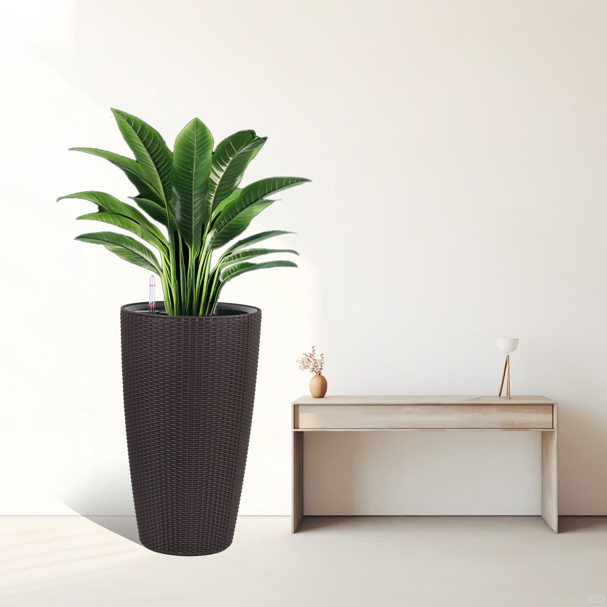 Set of 2 Faux Rattan Tall Planters Outdoor Indoor Large Planters with Water Level Monitor Inner Bucket, Automatic Watering, Flower Plant Pots for Garden, Patio, Porch, Backyard (Brown, 22 inch) image 10
