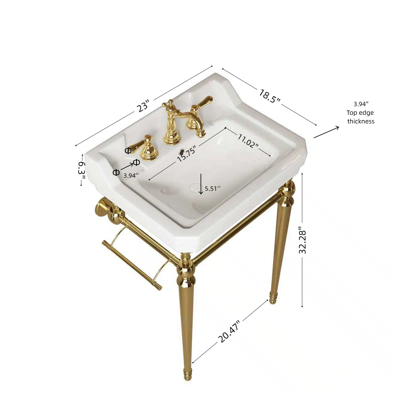 VICI 23" Bathroom Console Sink, Wall-Mounted White Ceramic Vanity Basin with 3 Pre-drilled Faucet Holes, Freestanding Stainless Steel Support Legs with Towel Bar, No Faucet & Sink Cover, Gold Color image 5