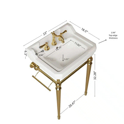 VICI 23" Bathroom Console Sink, Wall-Mounted White Ceramic Vanity Basin with 3 Pre-drilled Faucet Holes, Freestanding Stainless Steel Support Legs with Towel Bar, No Faucet & Sink Cover, Gold Color image 5
