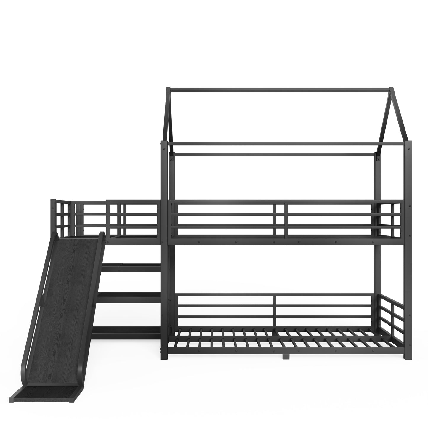 Twin metal House Bunk Bed with Storage Stairs, Slide, Safety Rails, Black image 11