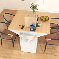 K&K 55.7'' Large Kitchen Island with 2 Drop Leaf,, Rolling Kitchen Cart on 5 Wheels with Power Outlet, Folding Storage Dining Table with Spice & Towel Rack , 3 Drawers, for Kitchen, Dining Room,White