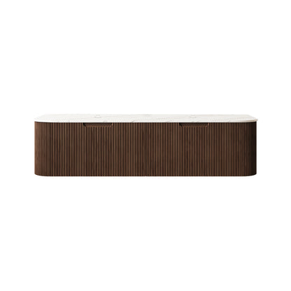 DINA 60'' Wall Mounted Plywood Cabinet with Carrara White Sintered Stone Countertop, Two Drawers, NO Basin, NO Faucet and Drain, Dark Walnut Woodgrain Color image 1