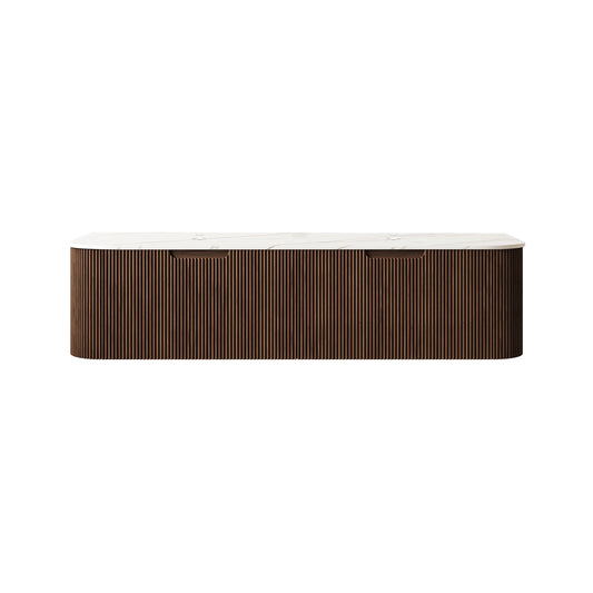 DINA 60 inch wall mounted plywood bathroom vanity with Carrara White sintered stone countertop and two drawers, dark walnut woodgrain - front view