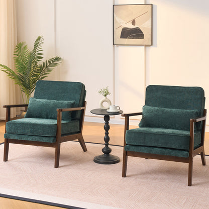 Mid-Century Modern Lounge Chair Single, Living Room Chair with Lumbar Pillow and Straight Wood Armrests, Accent Chair for Living Room, Bedroom, Indoor, Green image 10