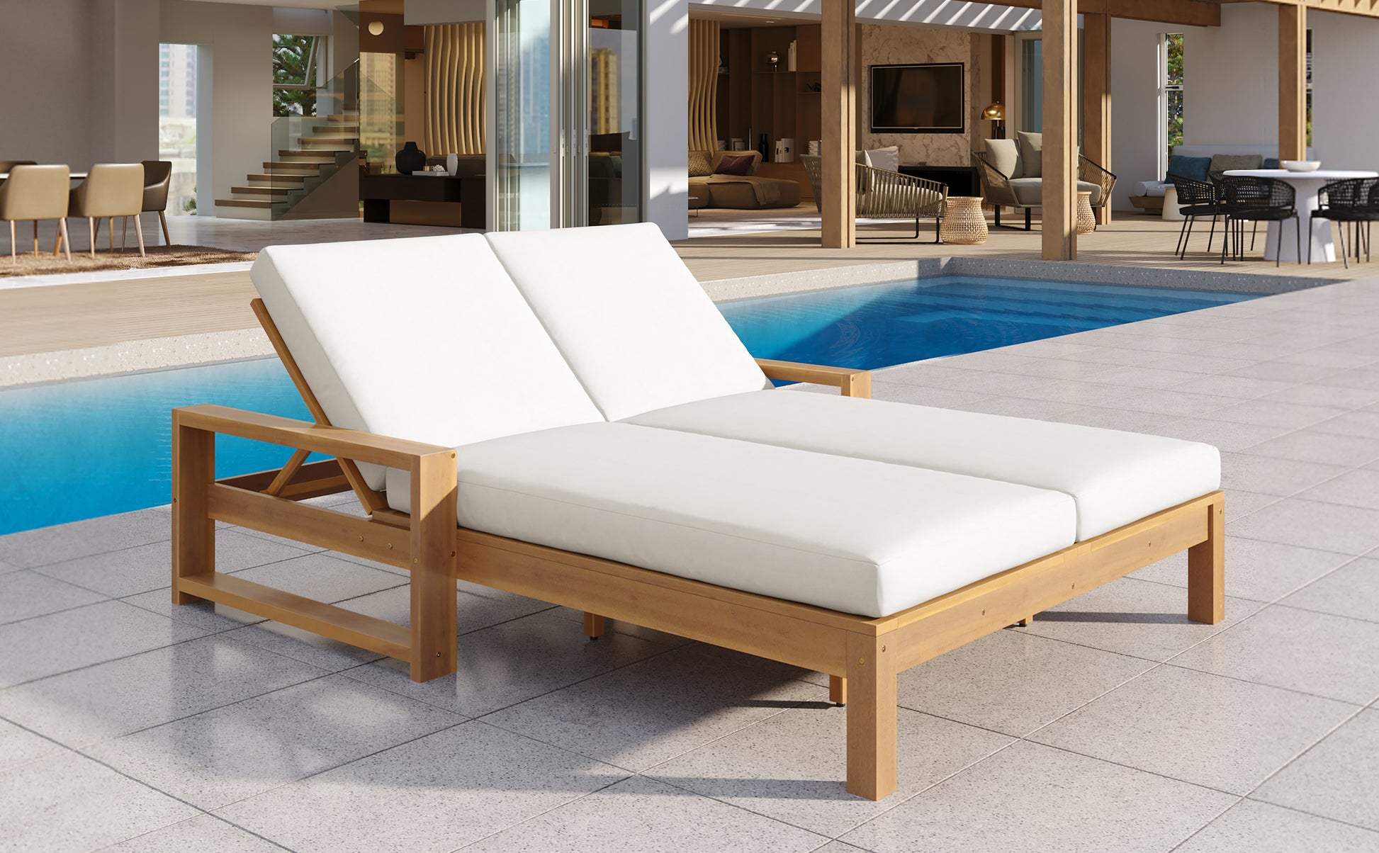 TREXM Outdoor Double Lounge Chair with 5-Position Adjustable Backrest for Each Seat, Wood Patio Chaise Lounge with Removable Cushions for Patio, Poolside, Garden (Light Teak+Beige cushion) image 8