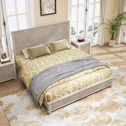 Solid Wood Bed Frame,King Platform Bed Frame with Headboard,Tall Headboard Natural Wood Bed,No Box Spring Needed,Beige image 3