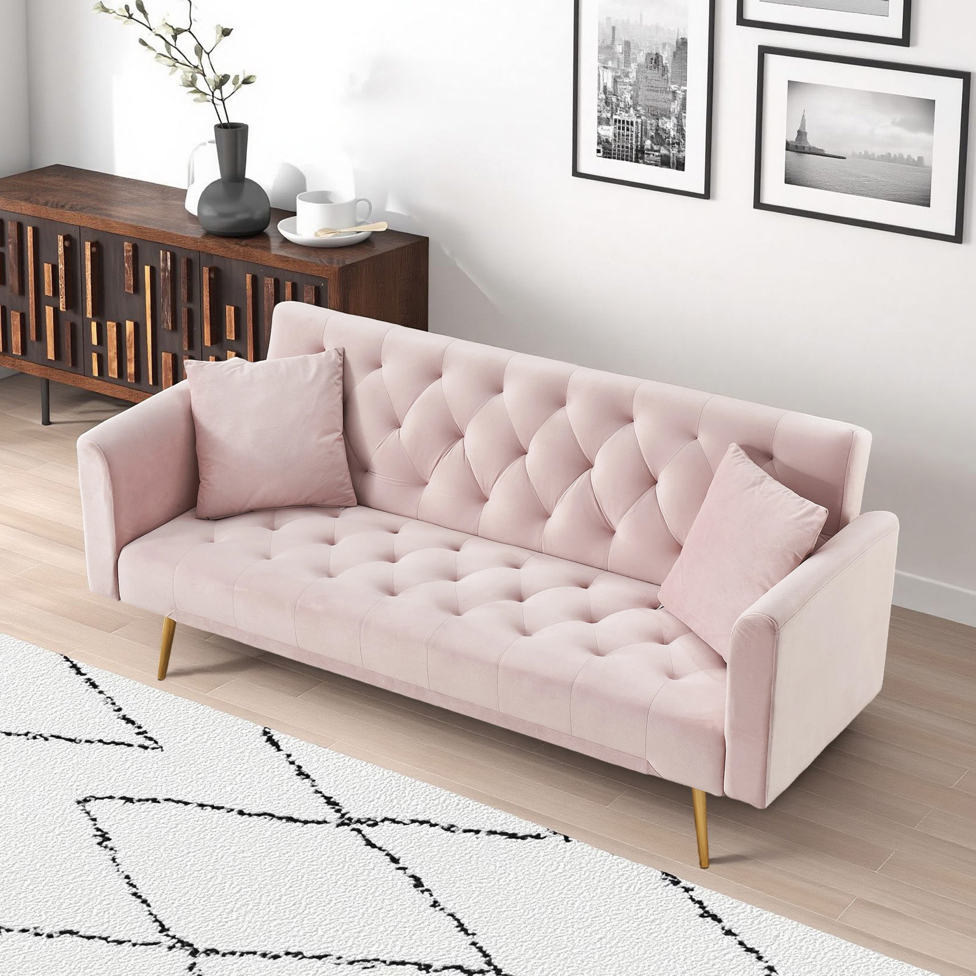 71 inch convertible love seat sofa, American retro pink velvet, suitable for small living room, bedroom, office image 6