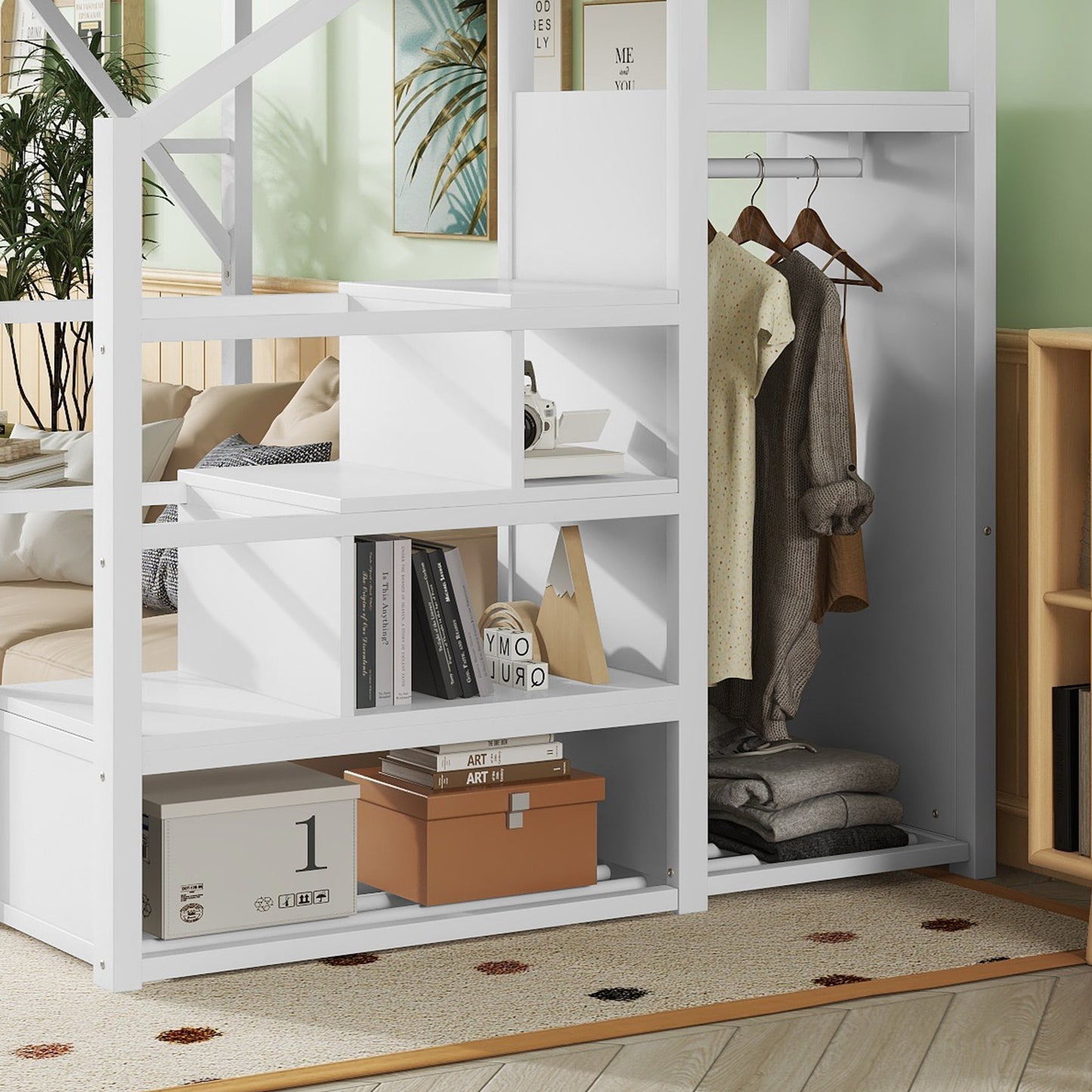 Queen Size Loft Bed with Stairs, Metal Queen Loft Bed with Storage Shelves, High Loft Bed with Wardrobe for Kids Teens, White, Patent Products image 6