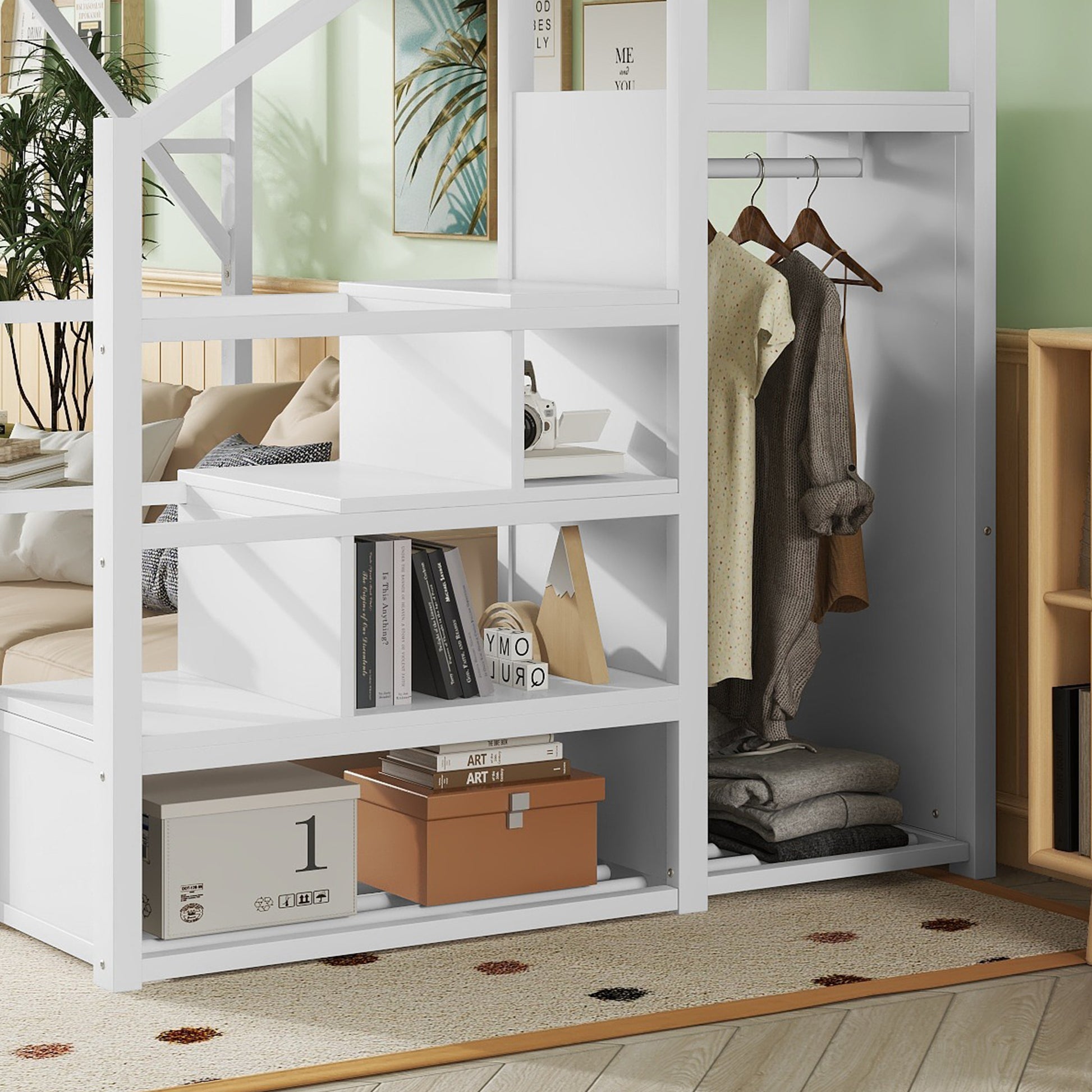 Queen Size Loft Bed with Stairs, Metal Queen Loft Bed with Storage Shelves, High Loft Bed with Wardrobe for Kids Teens, White, Patent Products image 6