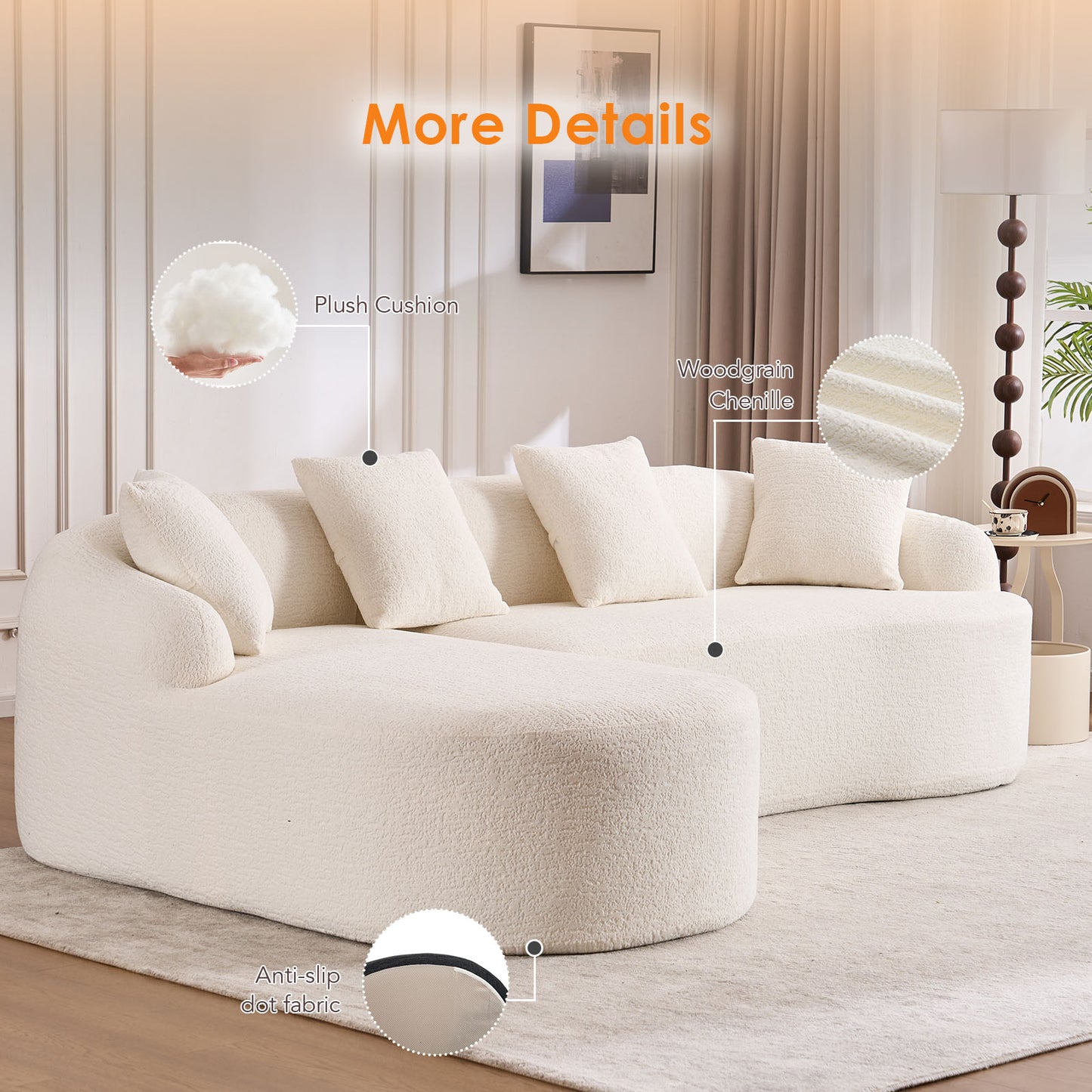 Boneless L-Shape Sectional Sofa with Curved Chaise,White Modular Chenille Compression Couch,30D High-Density Foam,Minimalist Modular Couches Sleeper for Living Room Bedroom Apartment Lounge. image 6