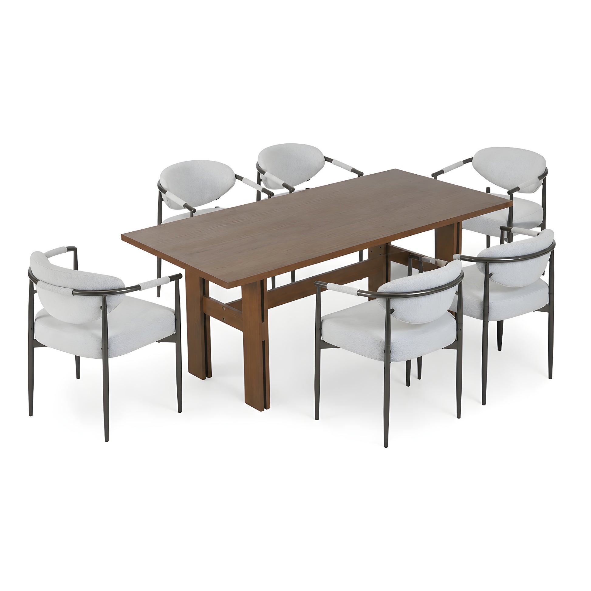 7 Pieces Modern Oval Dining Set, Rustic Farmhouse Solid Wood Kitchen Table Set for 6, 71'' Large Luxury Retro Country Dinner Set with Beige Chairs, for Dining Room, Kitchen,Walnut image 4