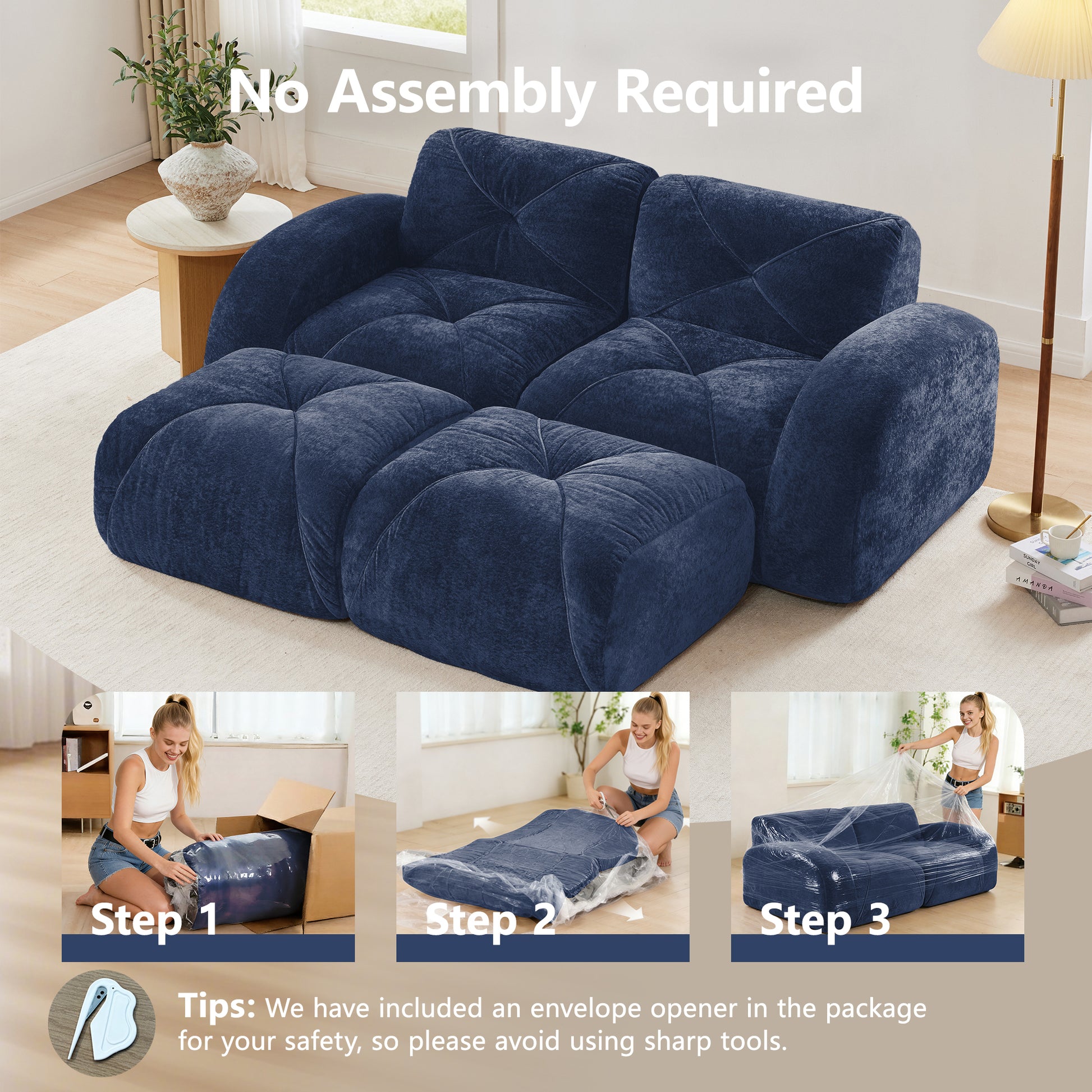 U-shaped Boneless Sofa,Soft Velvet Fabric,Tufted Design,32D High Density Sponge,No Assembly Required,Ergonomic Design Bottom, Anti-Slip Design,Movable Ottomans For Bedrooms,Blue image 3