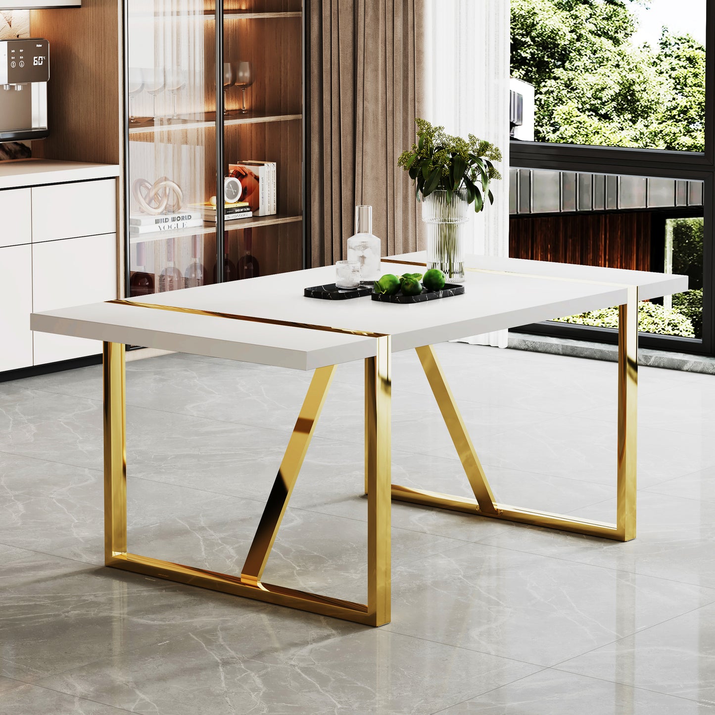 Industrial rectangular MDF material white dining table, equipped with a 2.3-inch thick tabletop and golden metal legs, used for writing desks, restaurants, and living rooms71"*39.3"*30" image 3