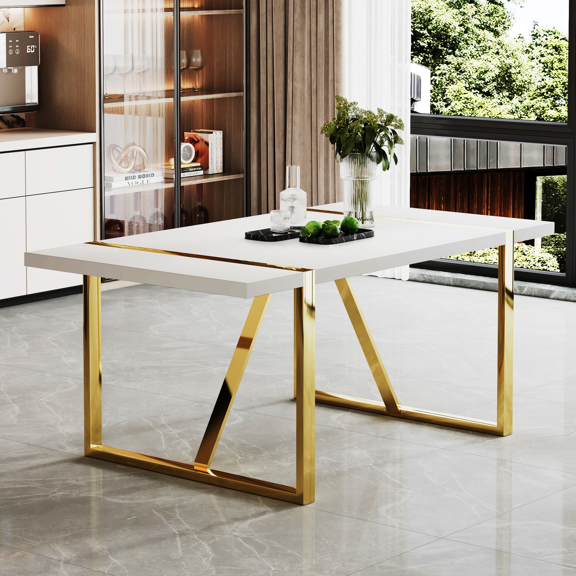 Industrial rectangular MDF material white dining table, equipped with a 2.3-inch thick tabletop and golden metal legs, used for writing desks, restaurants, and living rooms71"*39.3"*30" image 3