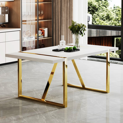 Industrial rectangular MDF material white dining table, equipped with a 2.3-inch thick tabletop and golden metal legs, used for writing desks, restaurants, and living rooms71"*39.3"*30" image 3
