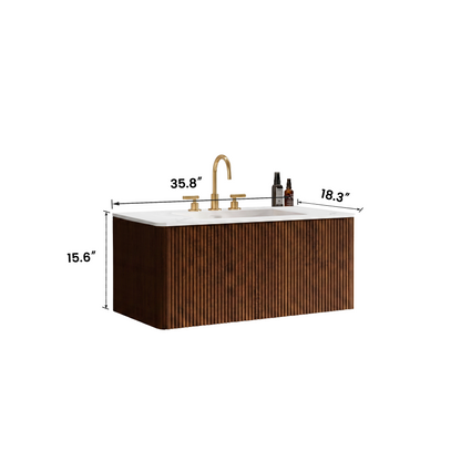 Etna 36" Striped Walnut Bathroom Vanity with Carrara White Ceramic Sink, Wall Mounted Floating Bathroom Vanity for Modern Bathroom, KD image 8