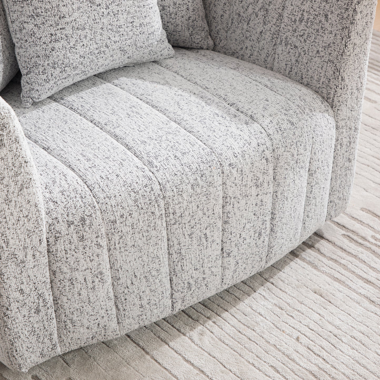 39"W Upholstered Oversized 360° Swivel Accent Barrel Chair and Half Cozy Sofa with 3 Pillows, Chenille Channel Tufted Pumpkin-Shape Club Armchair for Living Room, Bedroom, Office, Lounge,White-Black image 9