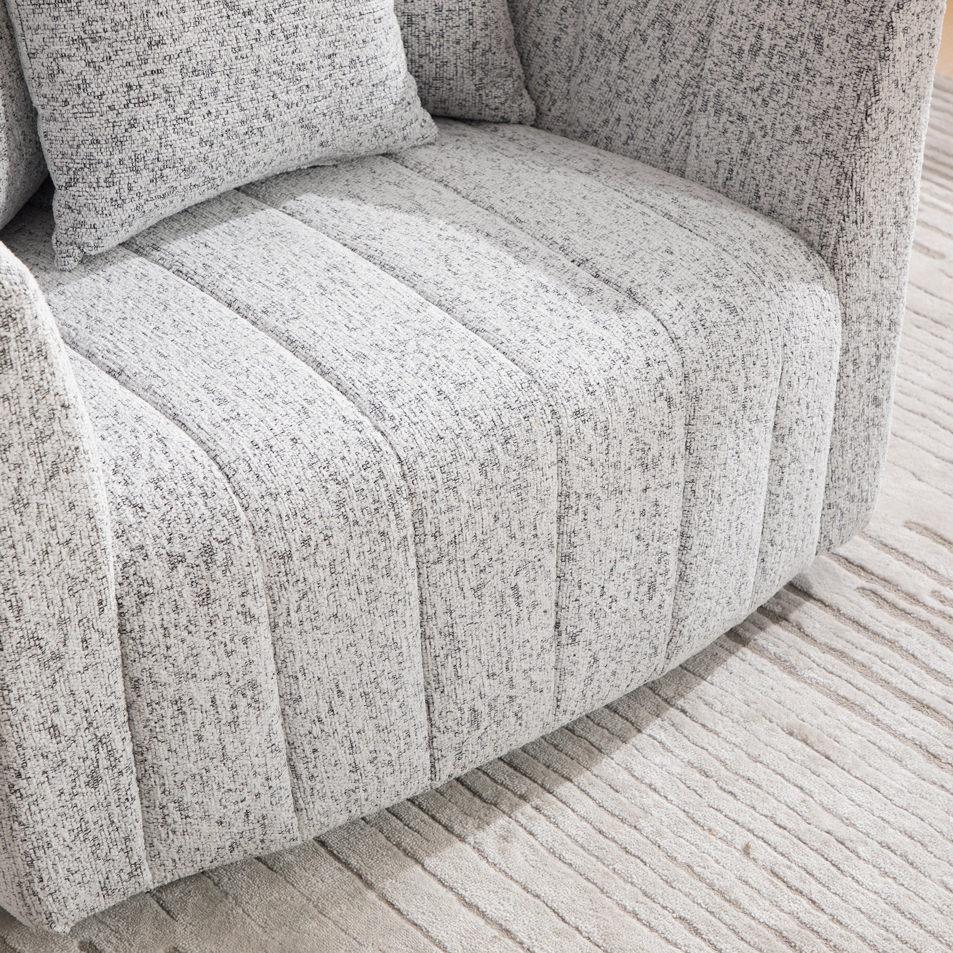 39"W Upholstered Oversized 360° Swivel Accent Barrel Chair and Half Cozy Sofa with 3 Pillows, Chenille Channel Tufted Pumpkin-Shape Club Armchair for Living Room, Bedroom, Office, Lounge,White-Black image 9