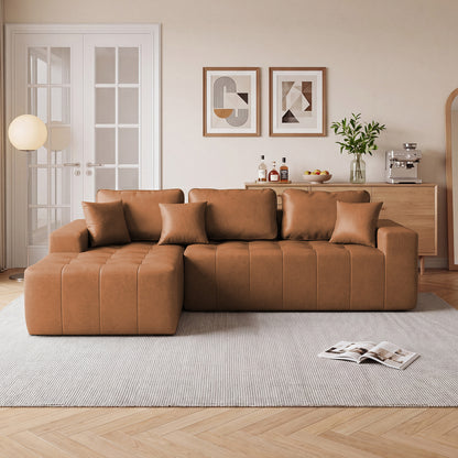 Faux Leather Corner Chaise Compression Sofa Bed, L-Shaped Sectional Couch with High-Density Sponge, No-Assembly Required Convertible Sofa for Living Room, Apartment, Guest Room(Light Brown) image 2