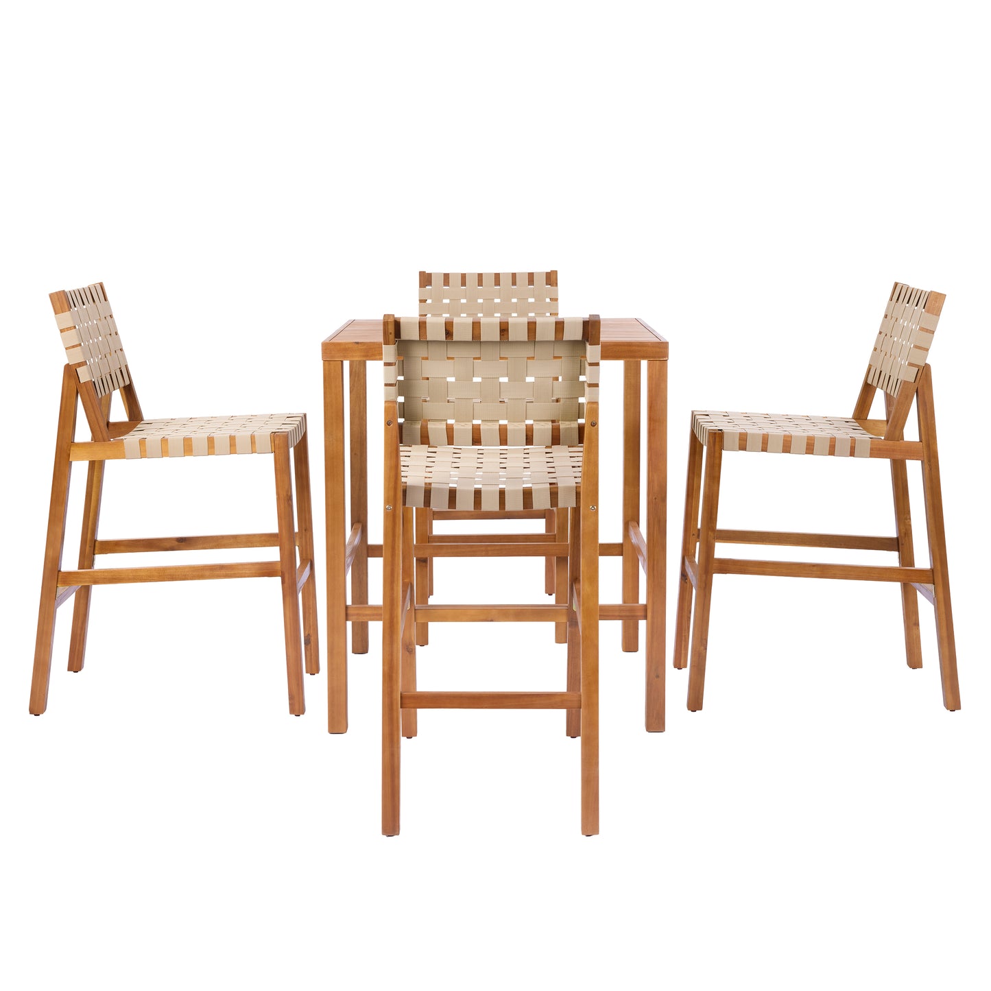 30.5 Inch Seat Height Outdoor Acacia Solid Wood Patio Furniture Set, Beige Pe Woven Rope, Breathable and Comfortable,Indoor & Outdoor Use,Teak Finish+Beige Rope(set of 5) image 3