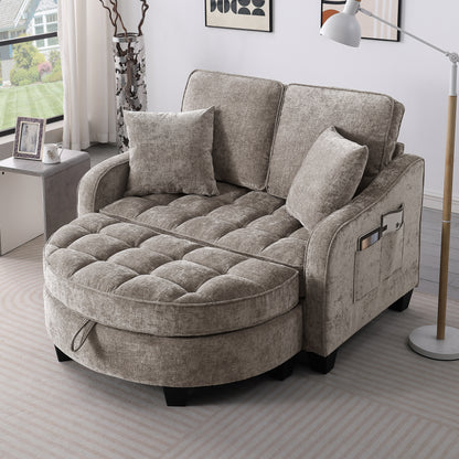 Two-seater sofa, double sofa chaise longue, with irregular armrests and backrests, footrest with storage space, comes with two small throw pillows, suitable for living room and bedroom - Brown image 1