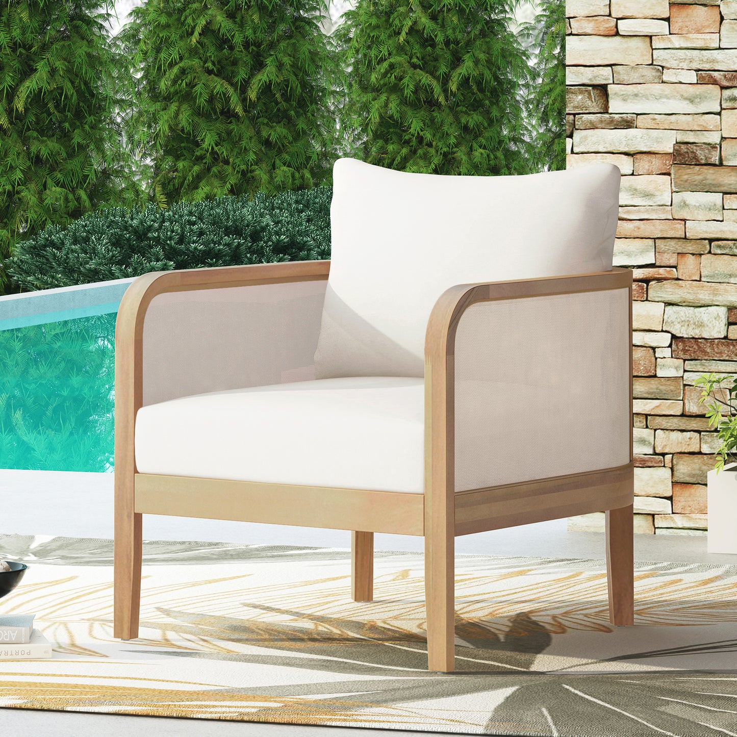 Outdoor Acacia Wood Patio Club Chair, Textilene Patio Furniture,Waterproof Thick Cushion Deep Seating for Porch, Garden, Backyard, Balcony, Weight Capacity 400lbs, Light Teak Finish, Beige image 3