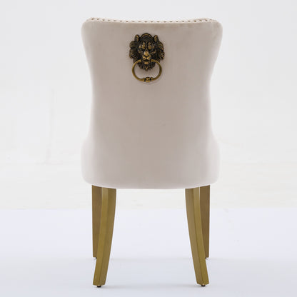 Mid-Century Modern Chairs with Lion Head Pull Ring,High-end Tufted Solid Wood Contemporary Velvet Upholstered Dining Chair with Golden Wooden Legs Nailhead Trim 2-Pcs Set,Beige,SW1201BG image 7