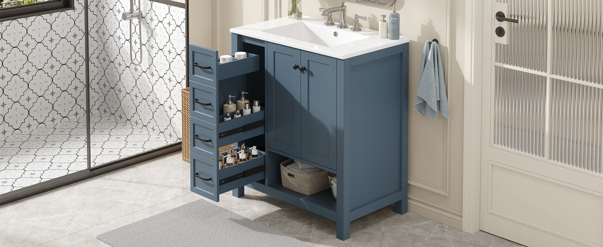 30" Bathroom Vanity with Sink Top, Bathroom Vanity Cabinet with Two Doors and Two Drawers, Solid Wood, Open shelf, MDF Boards, One Package, Blue Gray image 3