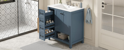 30" Bathroom Vanity with Sink Top, Bathroom Vanity Cabinet with Two Doors and Two Drawers, Solid Wood, Open shelf, MDF Boards, One Package, Blue Gray image 3