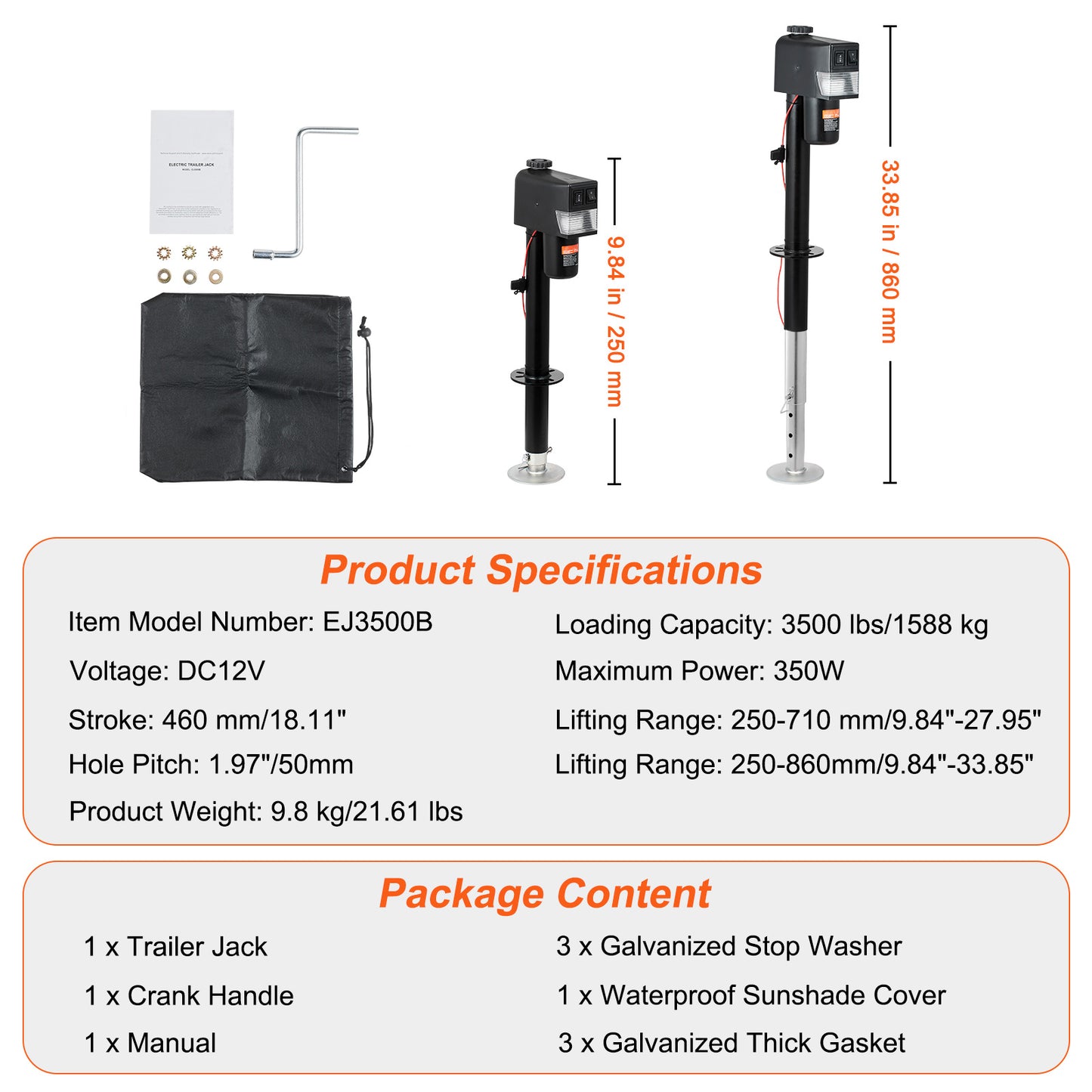 Electric Trailer Jack, Power Tongue Jack Weight Capacity 3500 lbs, 9.84"-33.85" Electric Tongue Jack with Waterproof Cover for Lifting RV Trailer, Horse Trailer, Utility Trailer, Yacht Trailer image 4