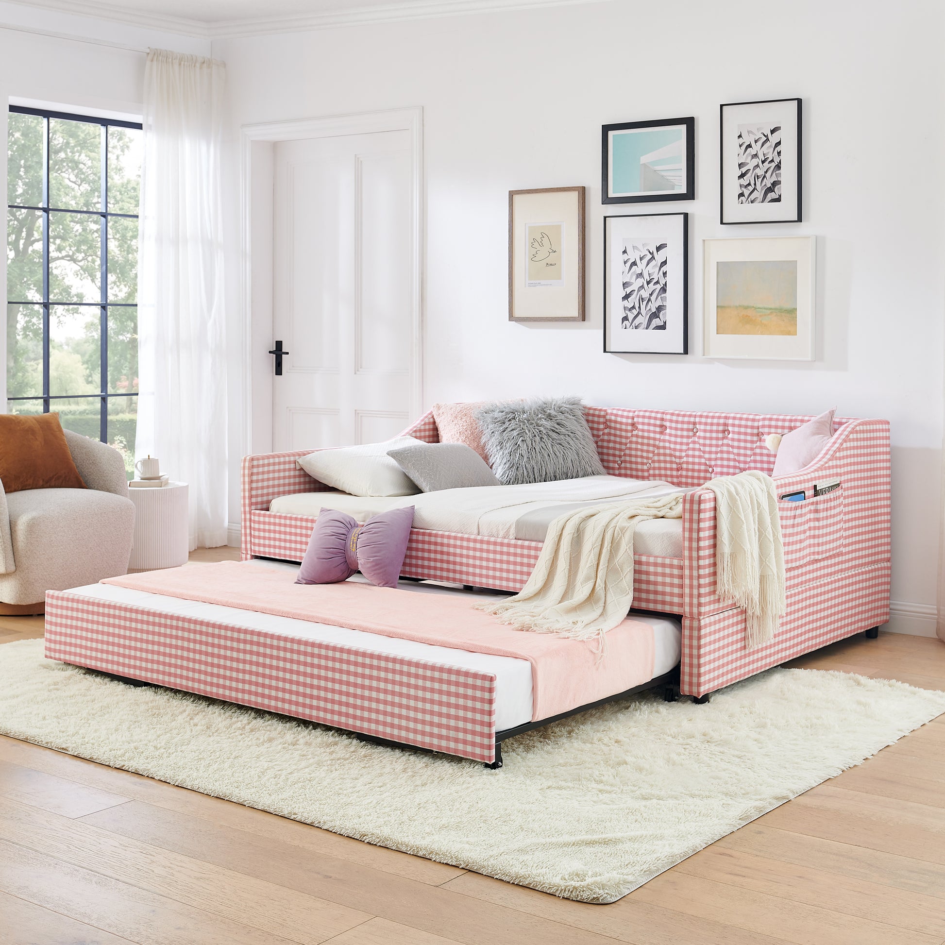 Full‑Size Daybed,Upholstered Convertible Daybed with Tufted Button Backrest, 3‑in‑1 Versatile Sofa Bed with Pull‑Out Trundle & Side Storage, Perfect for Compact Living-Pink image 3