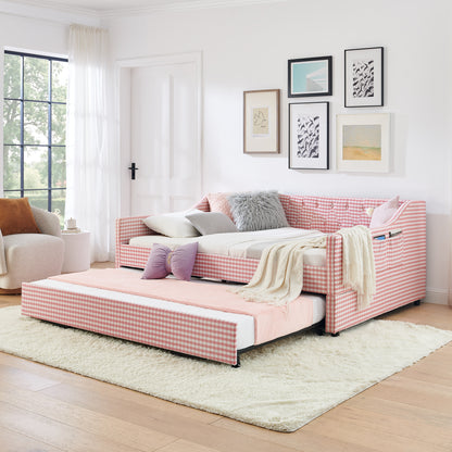 Full‑Size Daybed,Upholstered Convertible Daybed with Tufted Button Backrest, 3‑in‑1 Versatile Sofa Bed with Pull‑Out Trundle & Side Storage, Perfect for Compact Living-Pink image 3