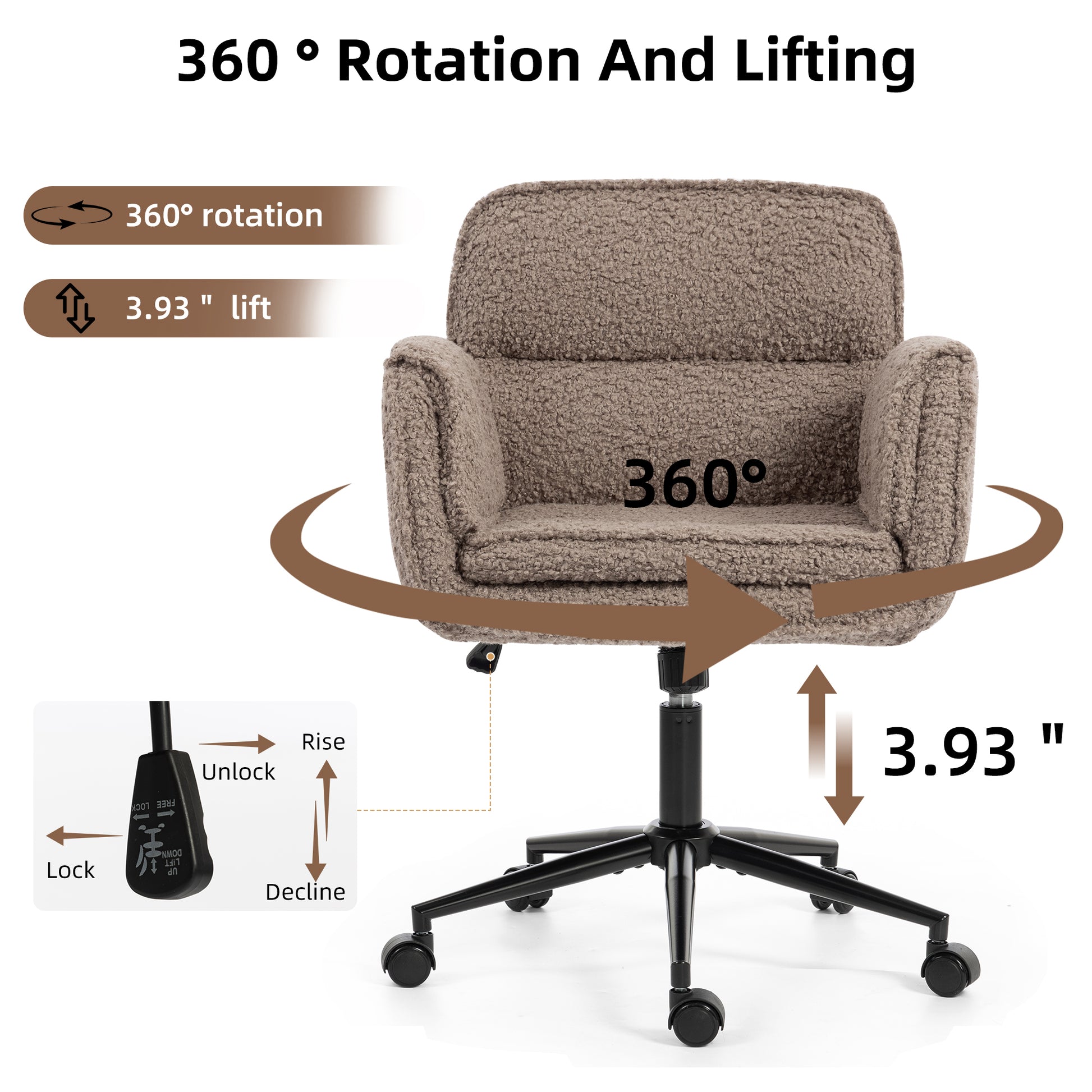 Criss Cross Chair with 5-Gear Adjustable Armrests & Wheels, Ergonomic Thickened Backrest Swivel Desk Chair for Home Office, Vanity, Bedroom and Living Room,brown Teddy fleece image 5