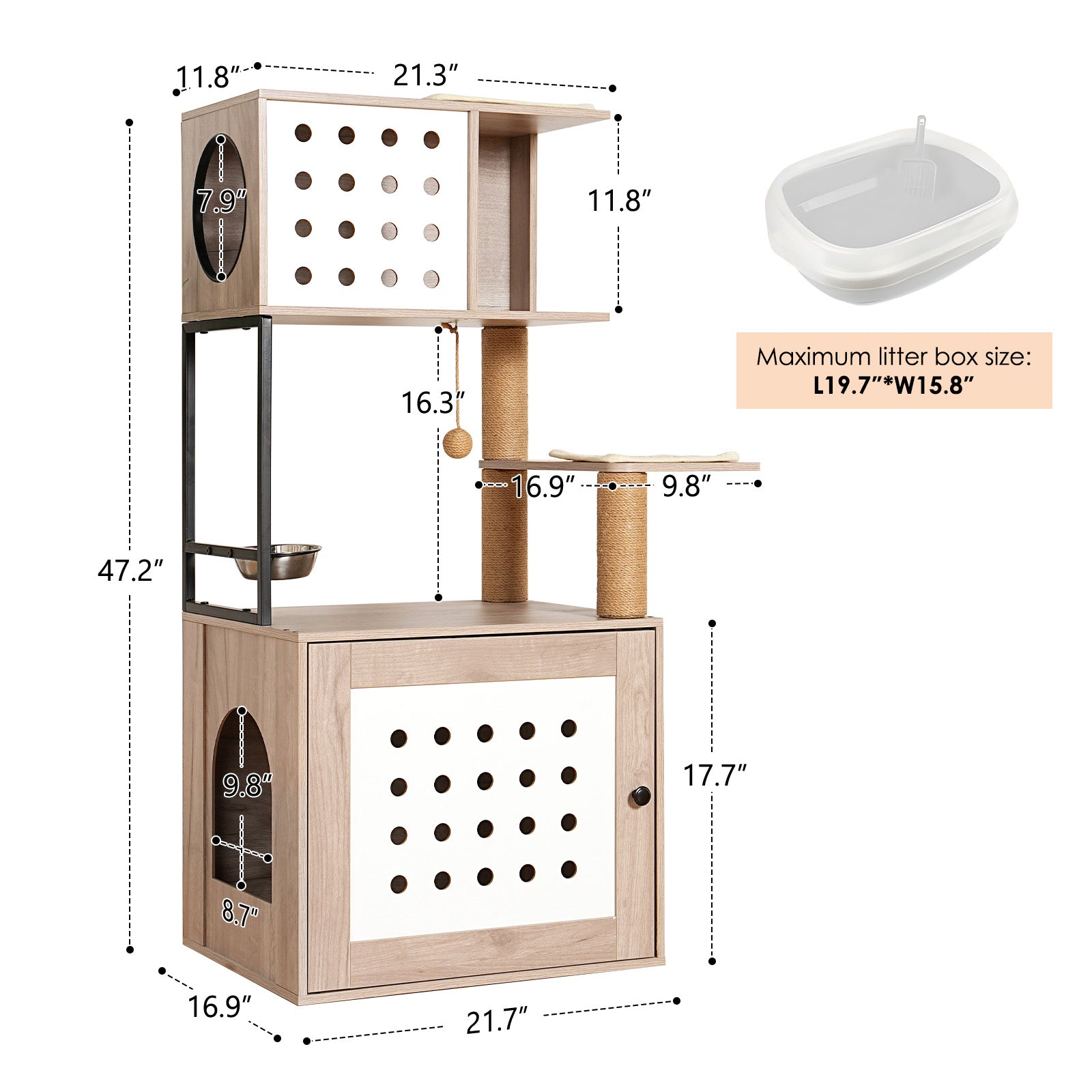 Cat Tree with Litter Box Enclosure, All-in-one Cat Tower for Indoor Cats with Large Hammock, Bed, Food Station, Scratching Posts, Modern Style Pet Furniture, Gray+white image 12