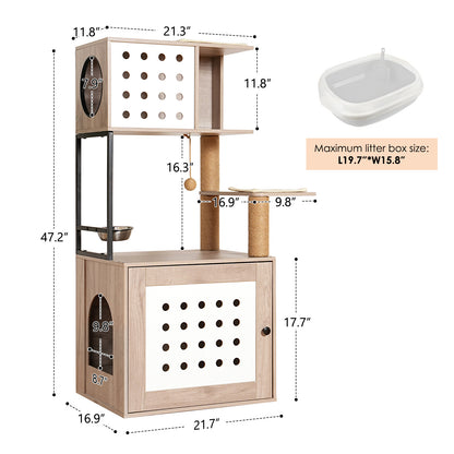 Cat Tree with Litter Box Enclosure, All-in-one Cat Tower for Indoor Cats with Large Hammock, Bed, Food Station, Scratching Posts, Modern Style Pet Furniture, Gray+white image 12