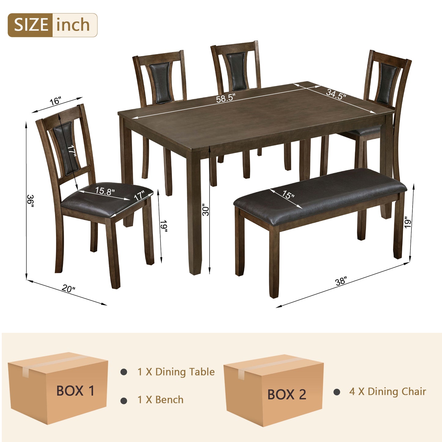 6-Piece Dining Table Set with Bench and Chairs, Wooden dining table set for 6 people, Farmhouse Rustic Style 6 Person Dining Table Set for Dining Room, Kitchen, Walnut image 8