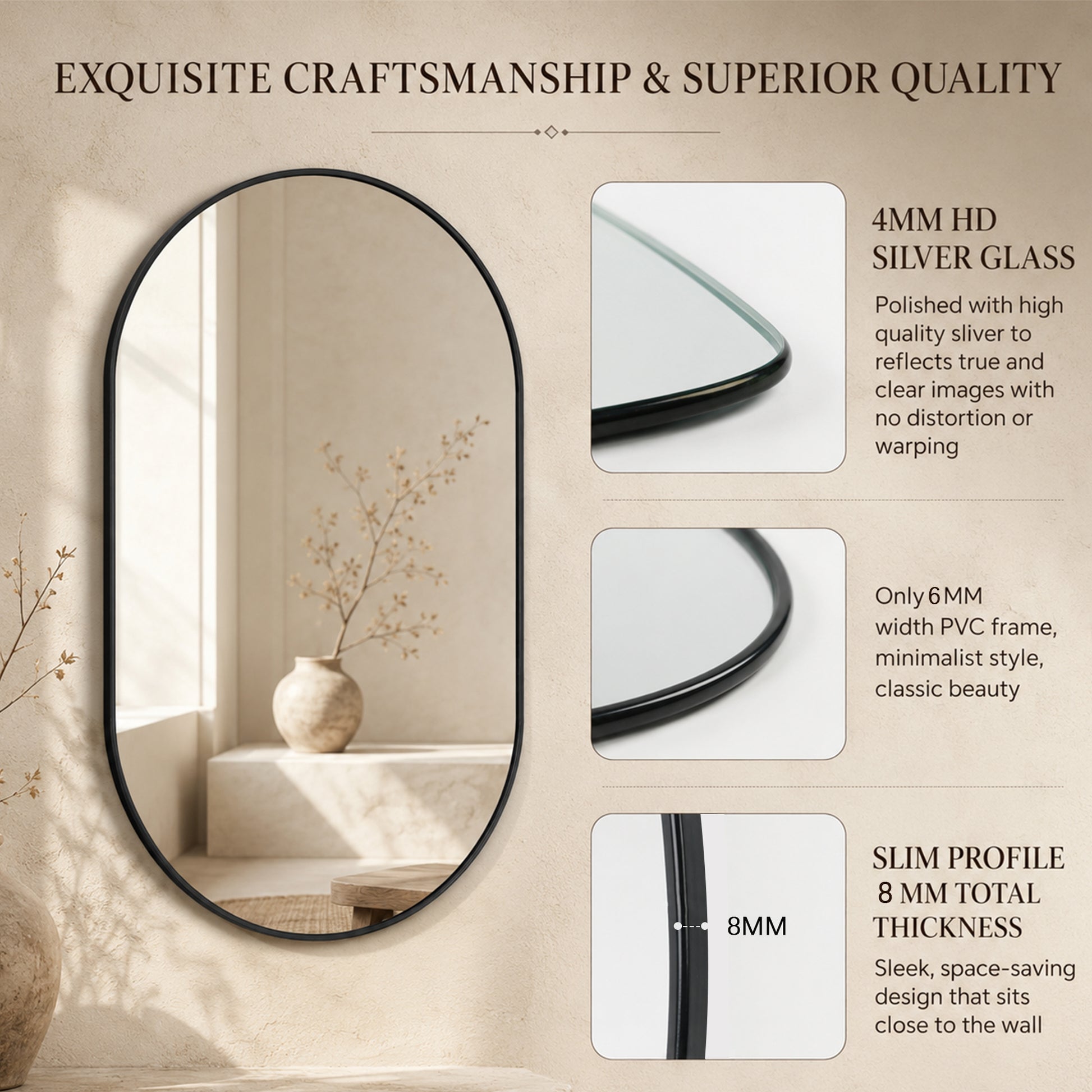 Black PVC frame oval mirror 18x40 inch packaging