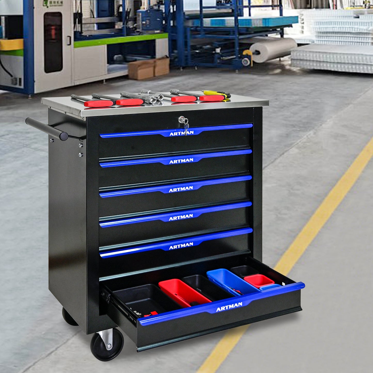 6 DRAWERS MULTIFUNCTIONAL TOOL CART WITH WHEELS-BLACK&BLUE image 10