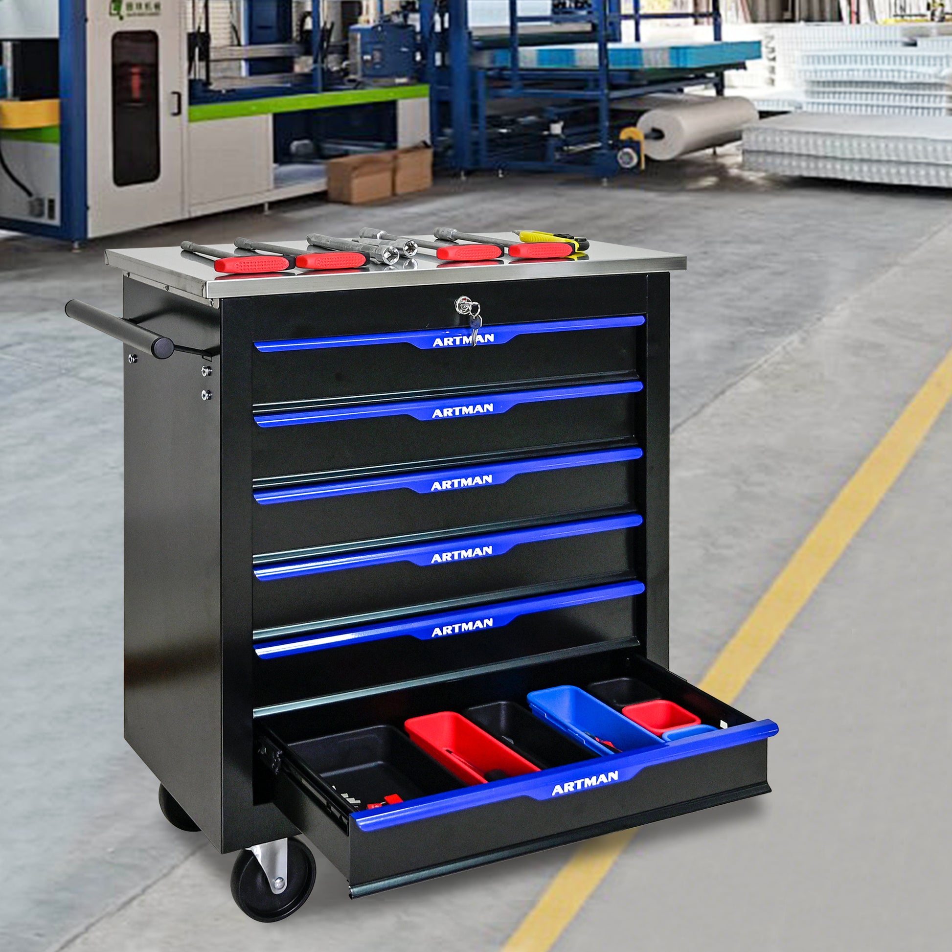 6 DRAWERS MULTIFUNCTIONAL TOOL CART WITH WHEELS-BLACK&BLUE image 10