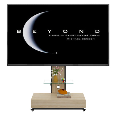 TV stand with push-pull drawer for Living Room, Bedroom,Offices,Mobile TV Cart for 32-75 inches,Wood &glass TV Stand,Floor Stand with Mount on Lockable Wheels,Natural image 12